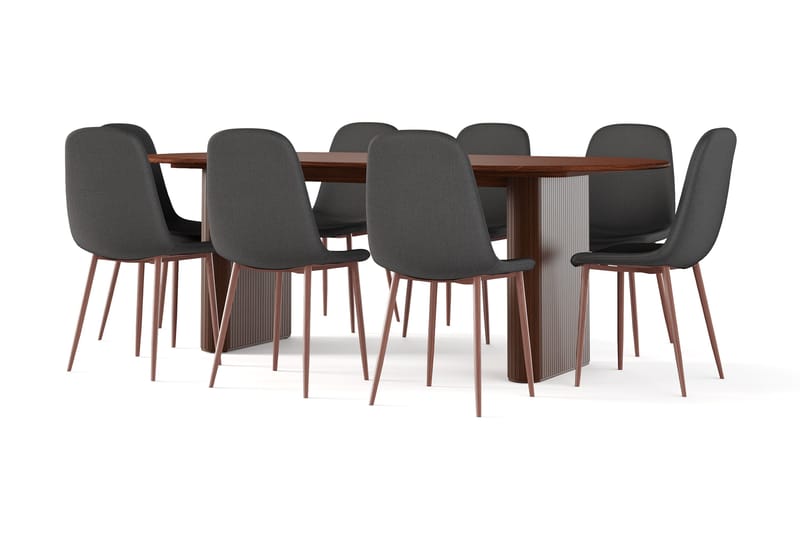 Noira Soikea Ruokapöytä 220 cm Pähkinä + 8 Nibe tuolia musta pähkinäjaloilla - Ruskea/Musta - Huonekalut - Pöytä & ruokailuryhmä - Ruokailuryhmä