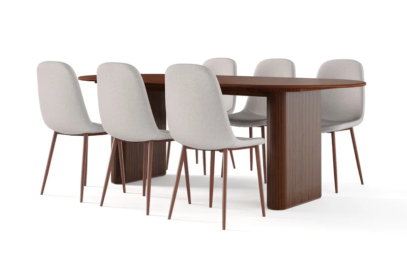 Noira Soikea Ruokapöytä 220 cm Pähkinä + 6 Nibe tuolia beige pähkinäjaloilla, Ruskea/Beige