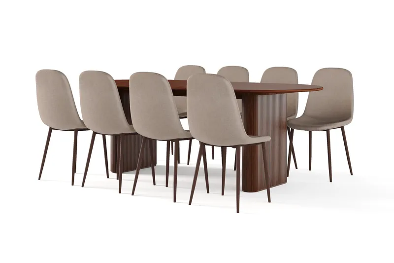 Noira Soikea Ruokapöytä 220 cm Pähkinä + 8 Nibe tuolia ruskea pähkinäjaloilla, Ruskea