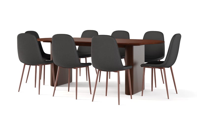 Noira Soikea Ruokapöytä 220 cm Pähkinä + 8 Nibe tuolia musta pähkinäjaloilla - Ruskea/Musta - Huonekalut - Pöytä & ruokailuryhmä - Ruokailuryhmä