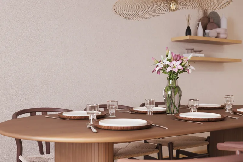 Noira Soikea Ruokaryhmä 220 cm Pähkinä 6 Dastoori Ruokatuolia - Ruskea - Huonekalut - Pöytä & ruokailuryhmä - Ruokailuryhmä