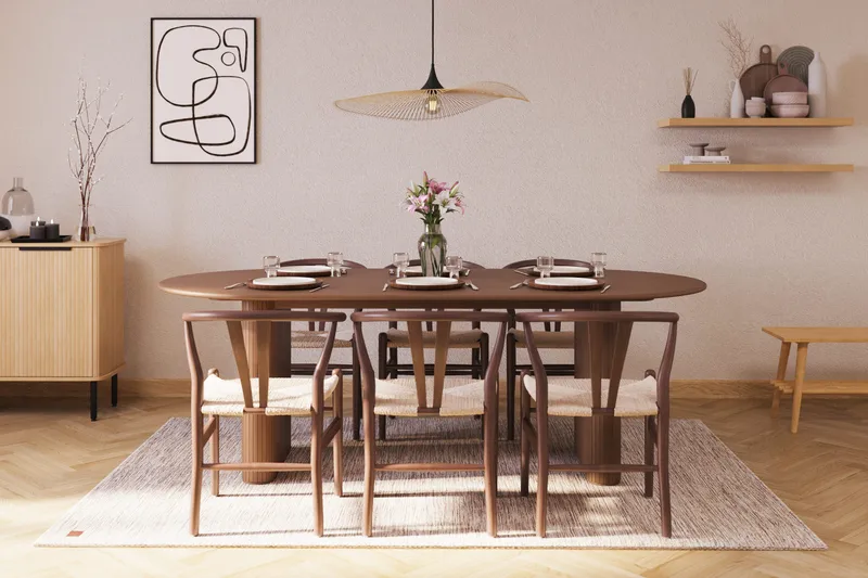 Noira Soikea Ruokaryhmä 220 cm Pähkinä 6 Dastoori Ruokatuolia - Ruskea - Huonekalut - Pöytä & ruokailuryhmä - Ruokailuryhmä