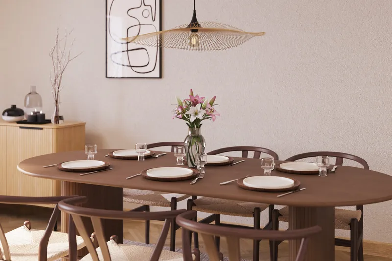 Noira Soikea Ruokaryhmä 220 cm Pähkinä 6 Dastoori Ruokatuolia - Ruskea - Huonekalut - Pöytä & ruokailuryhmä - Ruokailuryhmä