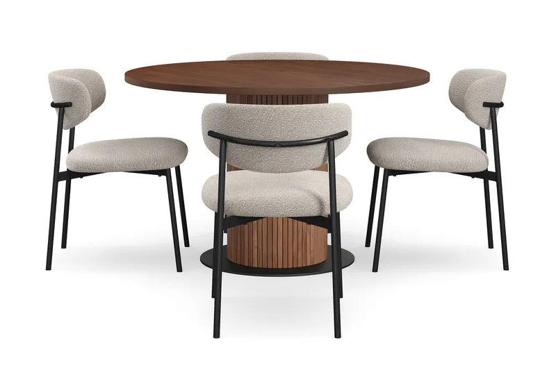 Noira Pieni Pyöreä Ruokapöytä Pähkinä 120 cm 4 Lucy Ruokatuolia - Ruskea / Greige Bouclé / Metallijalat Musta - Huonekalut - Pöytä & ruokailuryhmä - Ruokailuryhmä