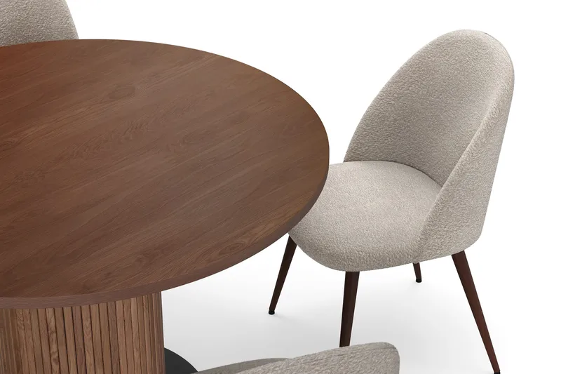 Noira Pieni Pyöreä Ruokapöytä Pähkinä 120 cm 4 Nibe Plus Ruokatuolia - Ruskea / Greige Bouclé / Metallijalat Pähkinä - Huonekalut - Pöytä & ruokailuryhmä - Ruokailuryhmä