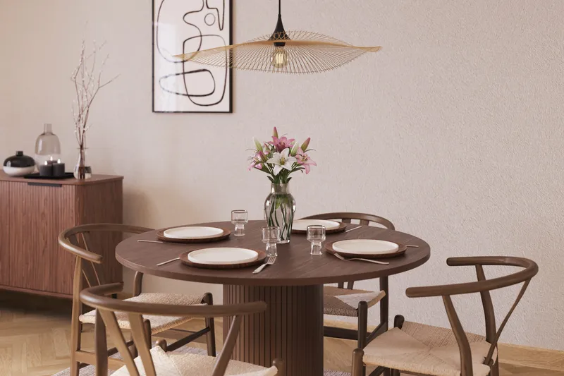 Noira Pyöreä Ruokaryhmä 120 cm Pyöreä pöytä 4 Dastoori Ruokatuolia - Ruskea - Huonekalut - Pöytä & ruokailuryhmä - Ruokailuryhmä