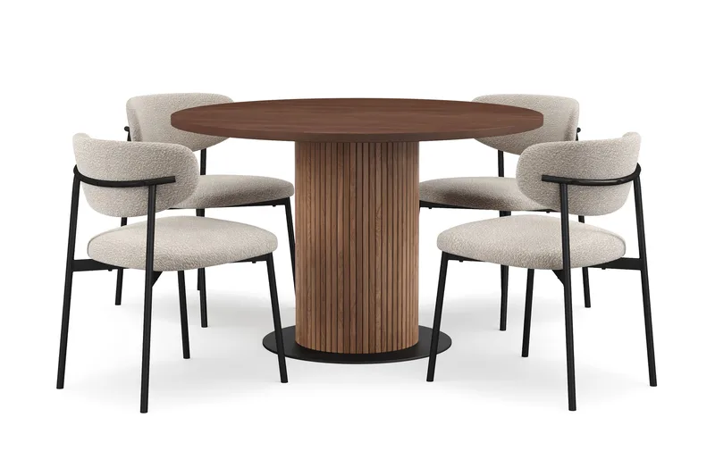 Noira Pieni Pyöreä Ruokapöytä Pähkinä 120 cm 4 Lucy Ruokatuolia, Ruskea / Greige Bouclé / Metallijalat Musta