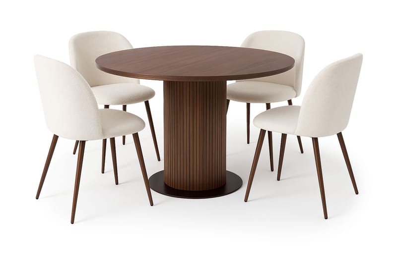 Noira Pieni Pyöreä Ruokapöytä Pähkinä 120 cm 4 Greya Ruokatuolia käsinojilla, Ruskea / Valkoinen Bouclé / Metallijalat Pähkinä