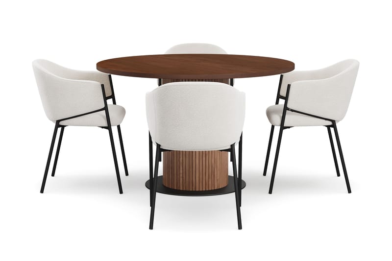 Noira Pieni Pyöreä Ruokapöytä Pähkinä 120 cm 4 Filip Ruokatuolia - Ruskea / Valkoinen Bouclé - Huonekalut - Pöytä & ruokailuryhmä - Ruokailuryhmä