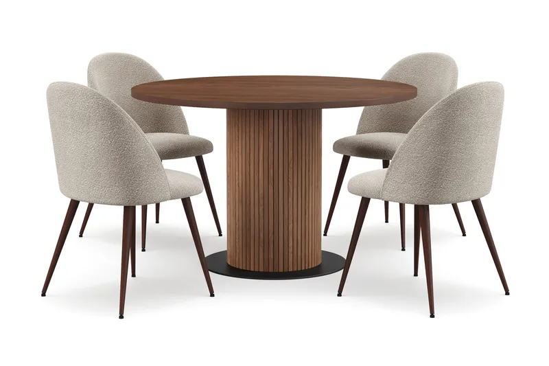 Noira Pieni Pyöreä Ruokapöytä Pähkinä 120 cm 4 Nibe Plus Ruokatuolia, Ruskea / Greige Bouclé / Metallijalat Pähkinä