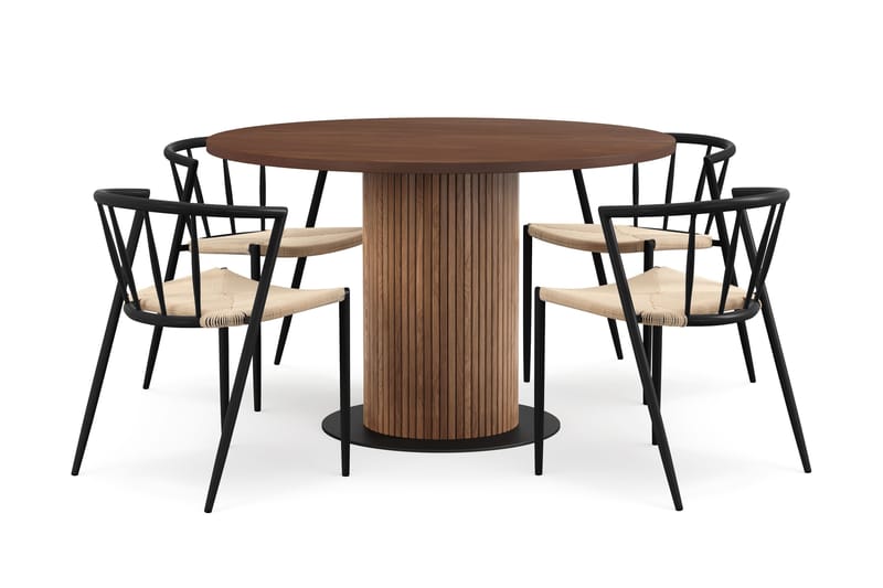 Noira Pieni Pyöreä Ruokapöytä Pähkinä 120 cm 4 Winston Ruokatuolia, Ruskea / Beige / Metallijalat Musta