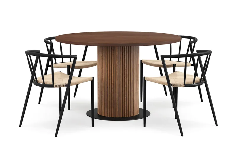 Noira Pieni Pyöreä Ruokapöytä Pähkinä 120 cm 4 Winston Ruokatuolia, Ruskea / Beige / Metallijalat Musta