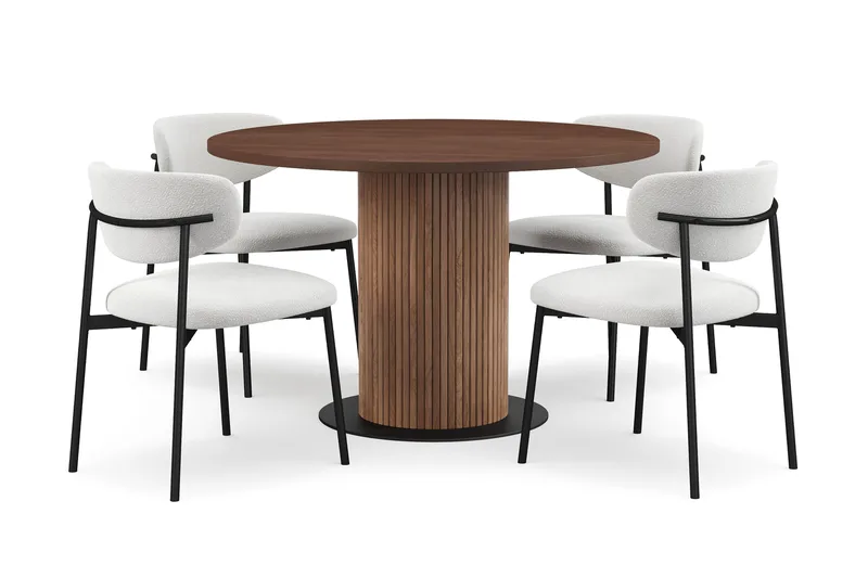 Noira Pieni Pyöreä Ruokapöytä Pähkinä 120 cm 4 Lucy Ruokatuolia, Ruskea / Valkoinen Bouclé / Metallijalat Musta