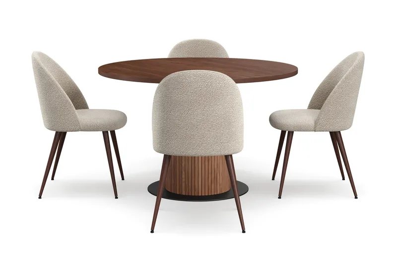 Noira Pieni Pyöreä Ruokapöytä Pähkinä 120 cm 4 Nibe Plus Ruokatuolia - Ruskea / Greige Bouclé / Metallijalat Pähkinä - Huonekalut - Pöytä & ruokailuryhmä - Ruokailuryhmä
