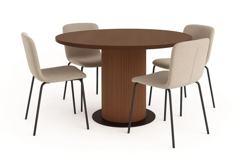 Noira Pieni Pyöreä Ruokapöytä Pähkinä 120 cm 4 Katy Ruokatuolia, Ruskea / Greige Bouclé / Metallijalat Musta