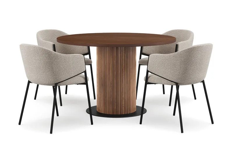 Noira Pieni Pyöreä Ruokapöytä Pähkinä 120 cm 4 Filip Ruokatuolia, Ruskea / Taupe Bouclé