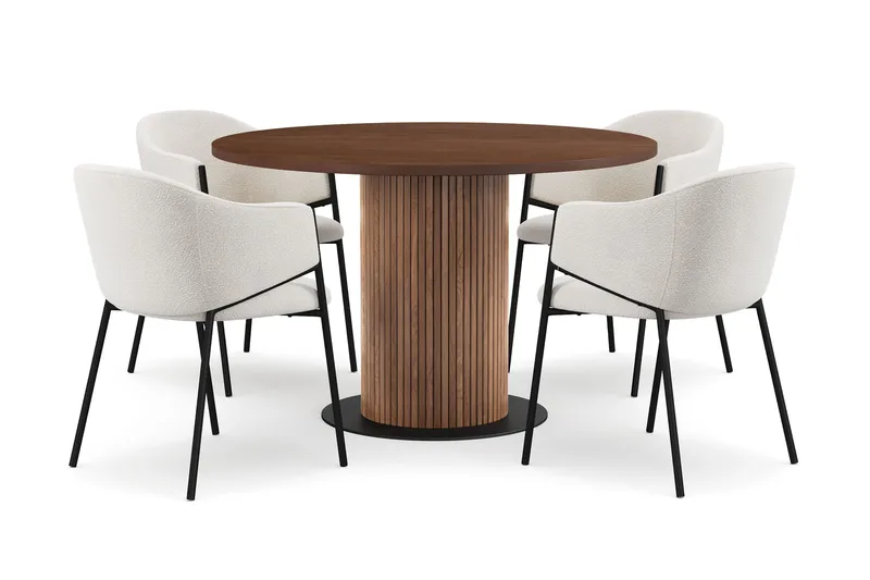 Noira Pieni Pyöreä Ruokapöytä Pähkinä 120 cm 4 Filip Ruokatuolia - Ruskea / Valkoinen Bouclé - Huonekalut - Pöytä & ruokailuryhmä - Ruokailuryhmä