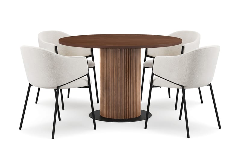 Noira Pieni Pyöreä Ruokapöytä Pähkinä 120 cm 4 Filip Ruokatuolia, Ruskea / Valkoinen Bouclé