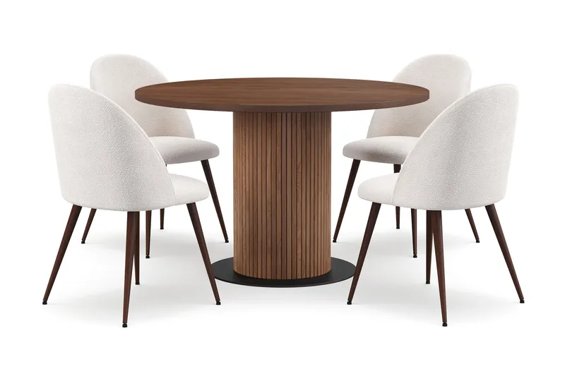 Noira Pieni Pyöreä Ruokapöytä Pähkinä 120 cm 4 Nibe Plus Ruokatuolia, Ruskea / Valkoinen Bouclé / Metallijalat Pähkinä