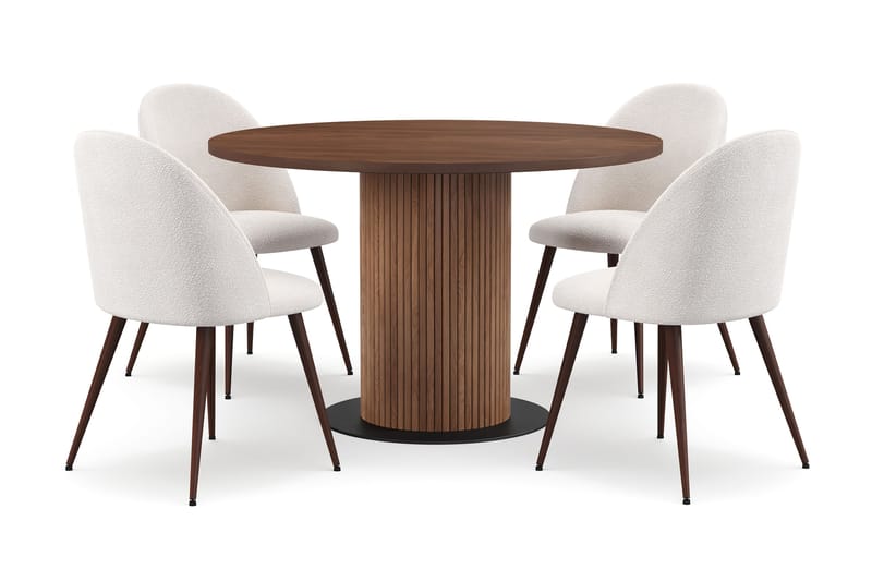 Noira Pieni Pyöreä Ruokapöytä Pähkinä 120 cm 4 Nibe Plus Ruokatuolia, Ruskea / Valkoinen Bouclé / Metallijalat Pähkinä