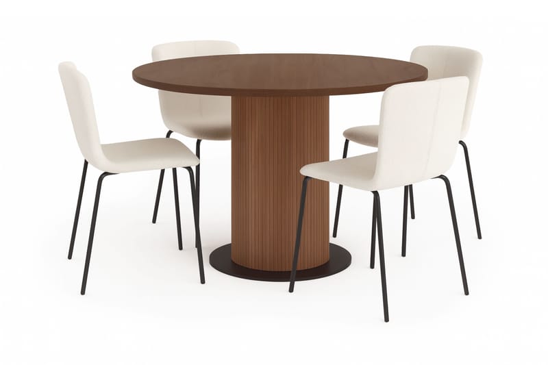 Noira Pyöreä Pieni Ruokapöytä Massiivipähkinä 120 cm 4 Katy Ruokatuolilla, Ruskea / Valkoinen Bouclé / Metallijalat Musta