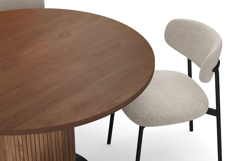 Noira Pyöreä Pieni Ruokapöytä Massiivipähkinä 120 cm 4 Lucy Ruokatuolilla - Ruskea / Greige Bouclé / Metallijalat Musta - Huonekalut - Pöytä & ruokailuryhmä - Ruokailuryhmä