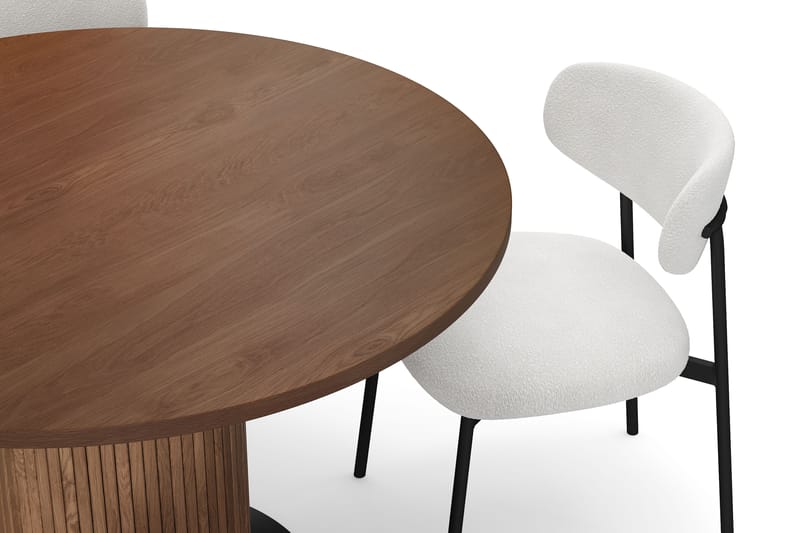 Noira Pyöreä Pieni Ruokapöytä Massiivipähkinä 120 cm 4 Lucy Ruokatuolilla - Ruskea / Valkoinen Bouclé / Metallijalat Musta - Huonekalut - Pöytä & ruokailuryhmä - Ruokailuryhmä