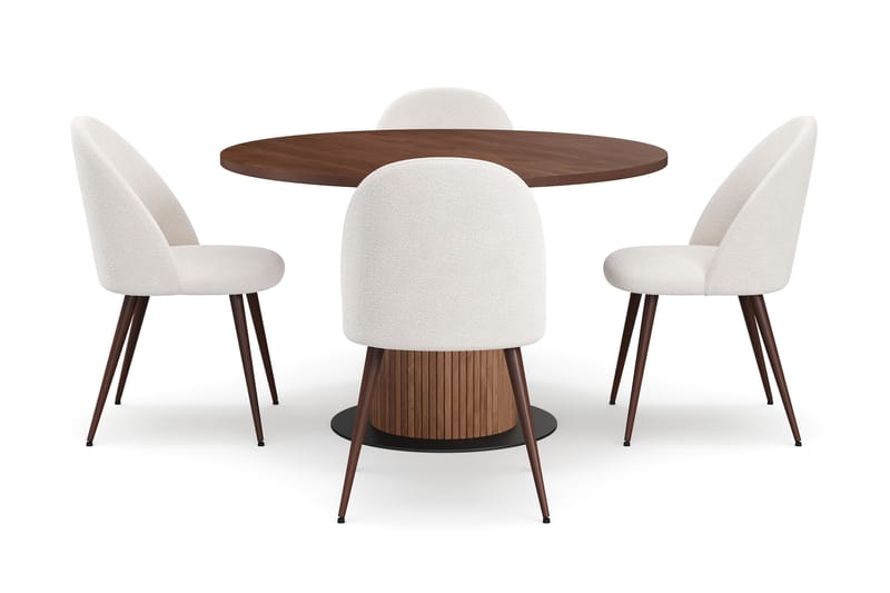 Noira Pieni Pyöreä Ruokapöytä Pähkinä 120 cm 4 Nibe Plus Ruokatuolia - Ruskea / Valkoinen Bouclé / Metallijalat Pähkinä - Huonekalut - Pöytä & ruokailuryhmä - Ruokailuryhmä