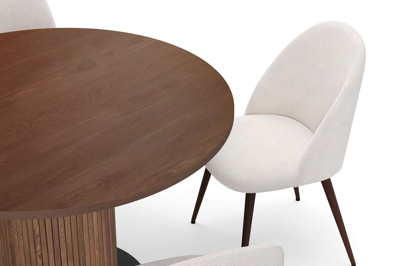 Noira Pieni Pyöreä Ruokapöytä Pähkinä 120 cm 4 Nibe Plus Ruokatuolia - Ruskea / Valkoinen Bouclé / Metallijalat Pähkinä - Huonekalut - Pöytä & ruokailuryhmä - Ruokailuryhmä