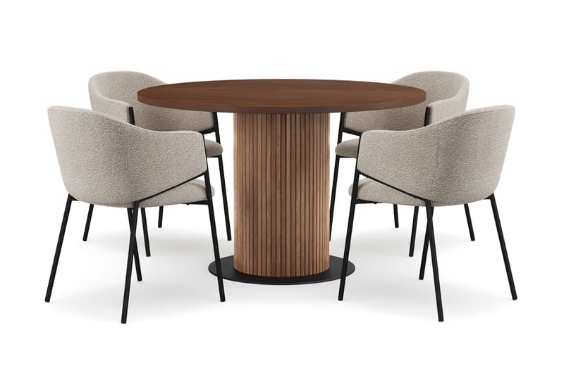 Noira Pyöreä Pieni Ruokapöytä Massiivipähkinä 120 cm 4 Filip Ruokatuolilla, Ruskea / Taupe Bouclé