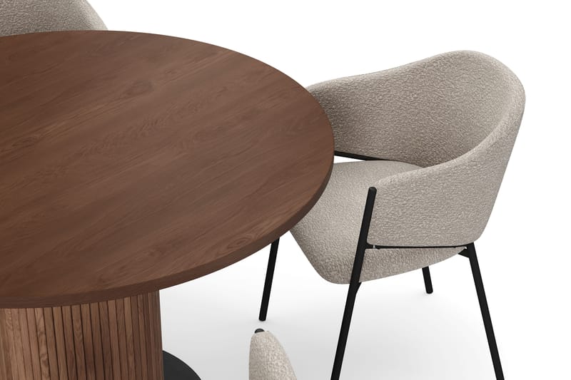 Noira Pyöreä Pieni Ruokapöytä Massiivipähkinä 120 cm 4 Filip Ruokatuolilla - Ruskea / Taupe Bouclé - Huonekalut - Pöytä & ruokailuryhmä - Ruokailuryhmä