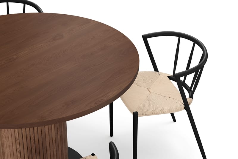 Noira Pyöreä Pieni Ruokapöytä Massiivipähkinä 120 cm 4 Winston Ruokatuolilla - Ruskea / Beige / Metallijalat Musta - Huonekalut - Pöytä & ruokailuryhmä - Ruokailuryhmä