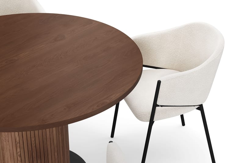 Noira Pieni Pyöreä Ruokapöytä Pähkinä 120 cm 4 Filip Ruokatuolia - Ruskea / Valkoinen Bouclé - Huonekalut - Pöytä & ruokailuryhmä - Ruokailuryhmä