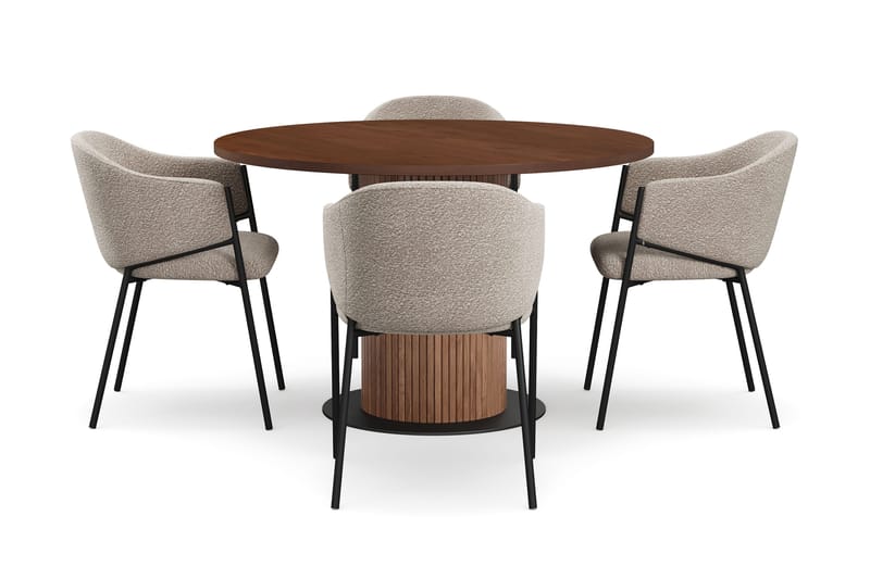 Noira Pieni Pyöreä Ruokapöytä Pähkinä 120 cm 4 Filip Ruokatuolia - Ruskea / Taupe Bouclé - Huonekalut - Pöytä & ruokailuryhmä - Ruokailuryhmä
