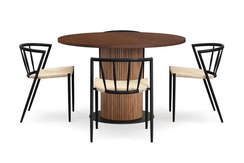Noira Pieni Pyöreä Ruokapöytä Pähkinä 120 cm 4 Winston Ruokatuolia - Ruskea / Beige / Metallijalat Musta - Huonekalut - Pöytä & ruokailuryhmä - Ruokailuryhmä