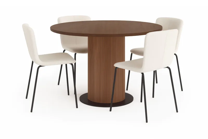 Noira Pieni Pyöreä Ruokapöytä Pähkinä 120 cm 4 Katy Ruokatuolia - Ruskea / Valkoinen Bouclé / Metallijalat Musta - Huonekalut - Pöytä & ruokailuryhmä - Ruokailuryhmä
