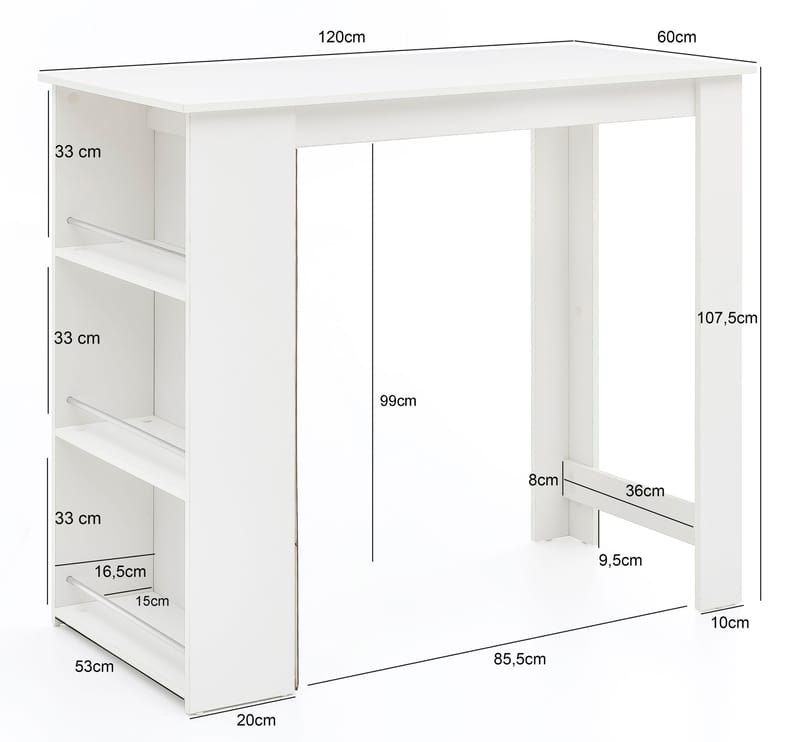 Norova-baaripöytä 120 cm - Valkoinen ja hopea - Huonekalut - Pöytä & ruokailuryhmä - Baaripöytä