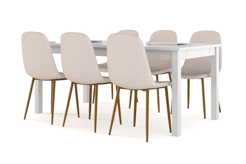 Octavia Jatkettava Ruokapöytä 180 cm + 6 kpl Naira tuoli beige tammijaloilla, Valkoinen/Beige