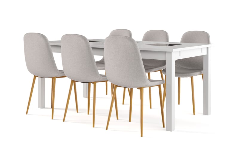 Octavia Jatkettava Ruokapöytä 180 cm + 6 kpl Naira tuoli harmaa tammijaloilla, Valkoinen/Harmaa