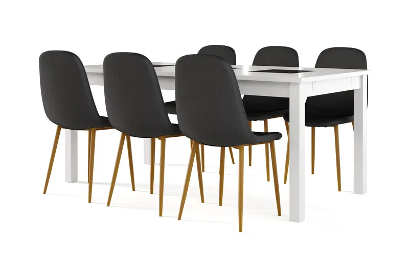 Octavia Jatkettava Ruokapöytä 180 cm + 6 kpl Naira tuoli musta tammijaloilla, Valkoinen/Musta