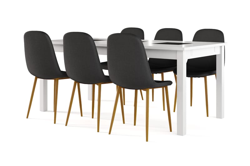 Octavia Jatkettava Ruokapöytä 180 cm + 6 kpl Naira tuoli musta tammijaloilla, Valkoinen/Musta