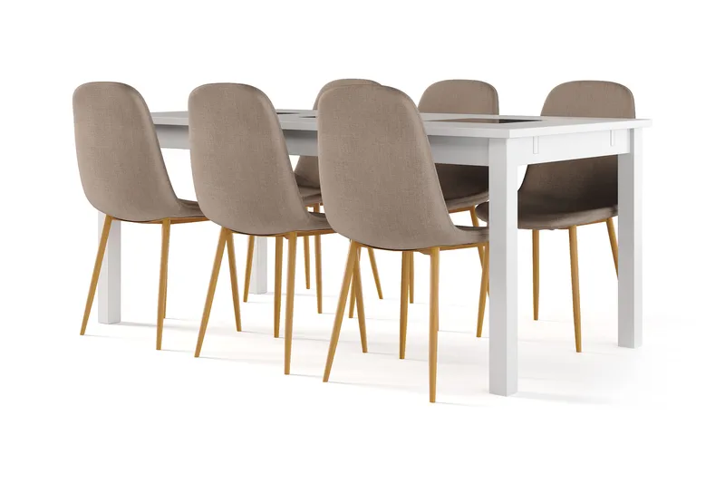 Octavia Jatkettava Ruokapöytä 180 cm + 6 kpl Naira tuoli ruskea tammijaloilla, Valkoinen/Ruskea