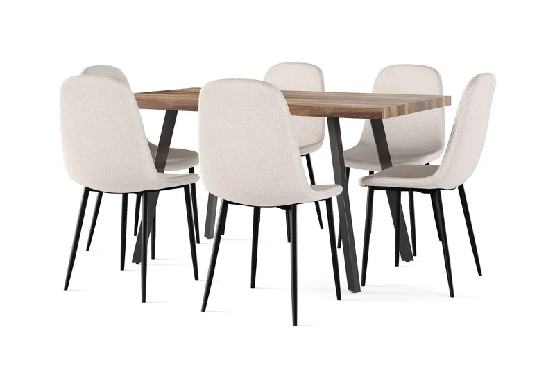Octavia Jatkettava Ruokapöytä 180 cm + 6 kpl Naira tuoli beige mustilla jaloilla - Valkoinen/Beige - Huonekalut - Pöytä & ruokailuryhmä - Ruokailuryhmä