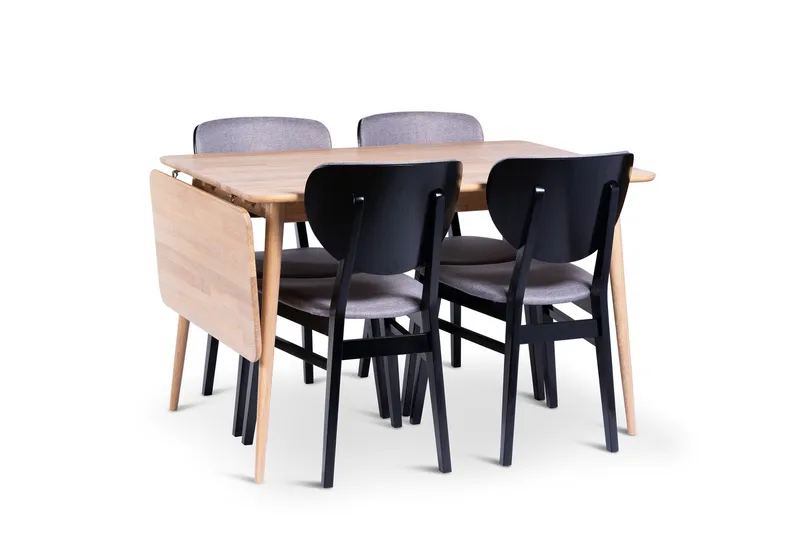 Odense Jatkettava Ruokailuryhmä 120-160 cm, jossa 4 Borgholm-tuolia massiivipuuta, Luonnonväri/Musta