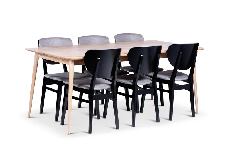 Odense Ruokailuryhmä 180 cm, jossa 6 Borgholm-tuolia massiivipuuta, Luonnonväri/Musta