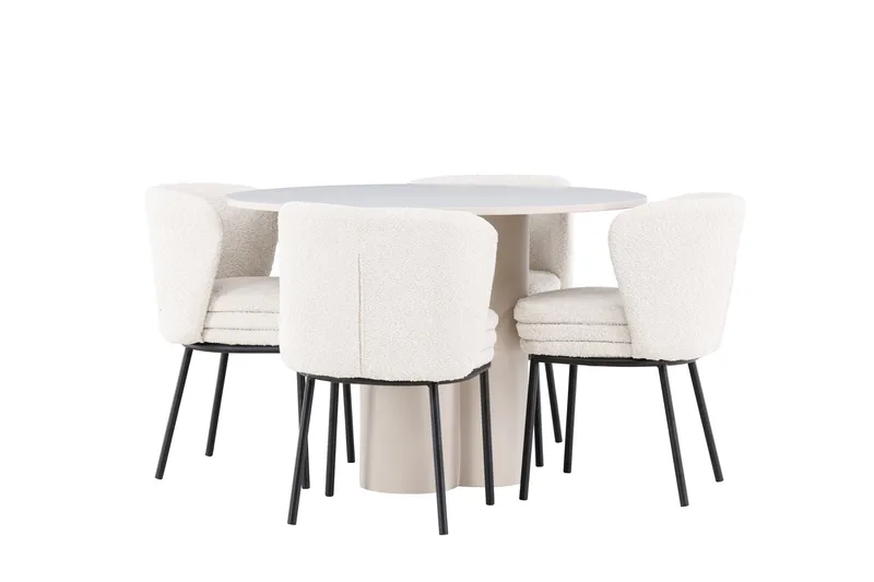 Olivia Ruokailuryhmä 110 cm Pyöreä jossa 4 Agnes tuolia - Beige/Valkoinen - Huonekalut - Pöytä & ruokailuryhmä - Ruokailuryhmä