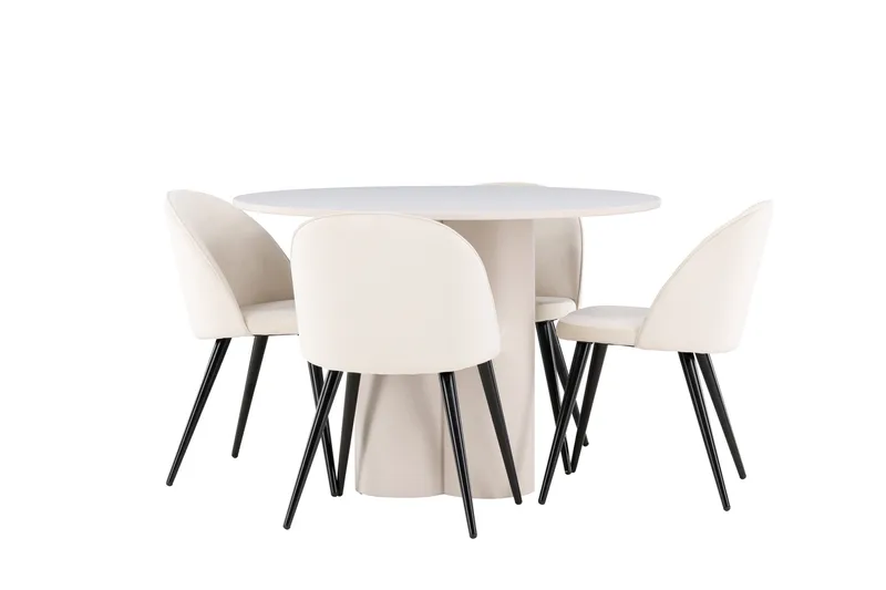Olivia Ruokailuryhmä 110 cm Pyöreä jossa 4 Velvet tuolia, Beige/Beige