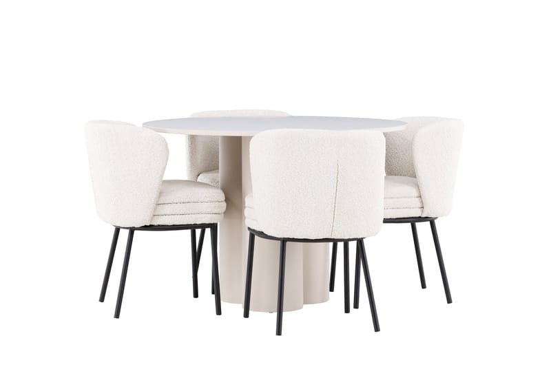 Olivia Ruokailuryhmä 110 cm Pyöreä jossa 4 Agnes tuolia - Beige/Valkoinen - Huonekalut - Pöytä & ruokailuryhmä - Ruokailuryhmä