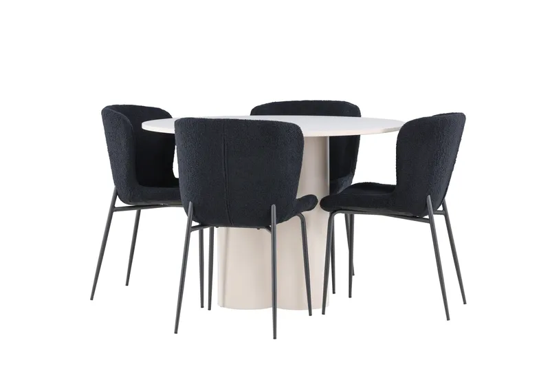 Olivia Ruokailuryhmä 110 cm Pyöreä jossa 4 Modesto tuolia, Beige/Musta