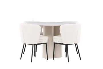 Olivia Ruokailuryhmä 110 cm Pyöreä jossa 4 Agnes tuolia - Beige/Valkoinen - Huonekalut - Pöytä & ruokailuryhmä - Ruokailuryhmä